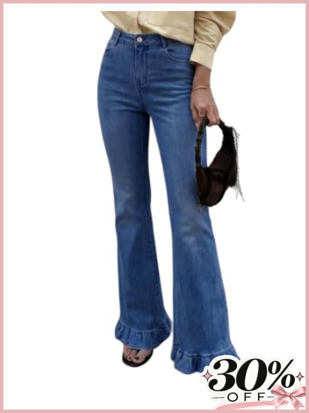 High Waisted Flare Jeans Ruffle Hem Stretch Denim Pants